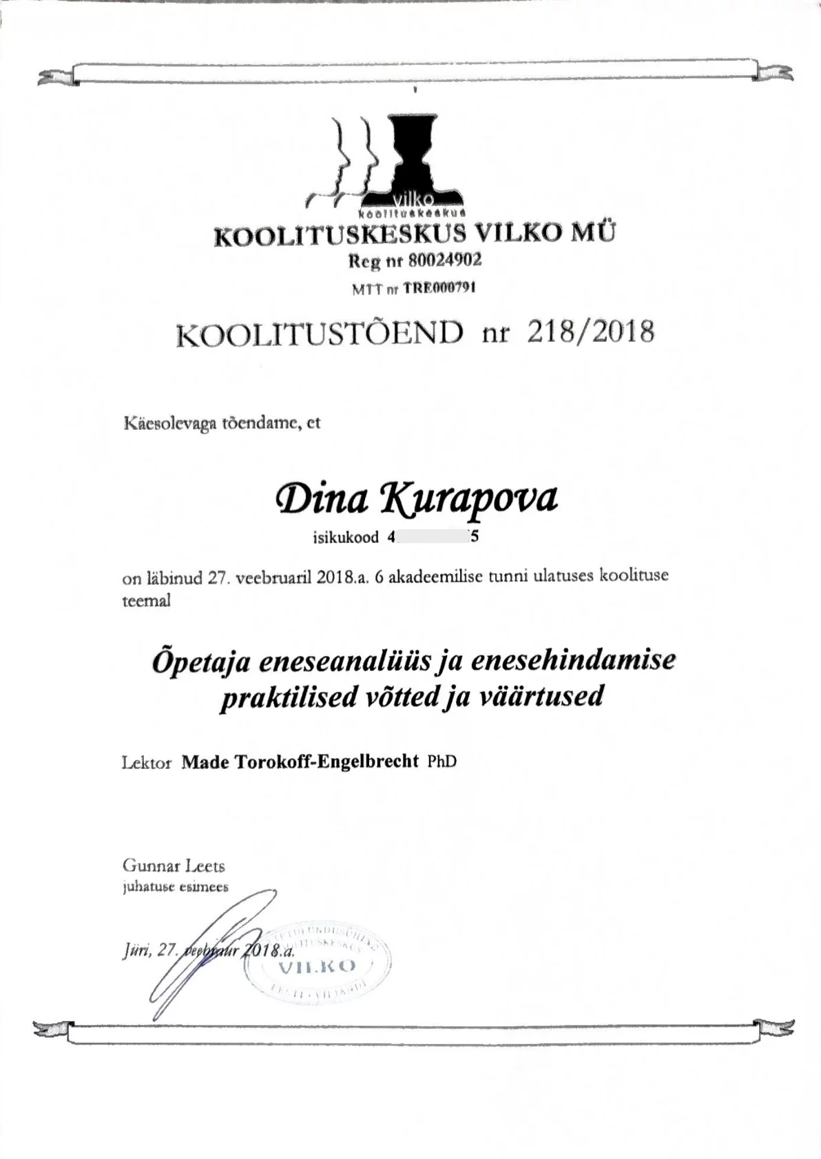 Сертификат о прохождении обучения по самоанализу и самооценке учителя