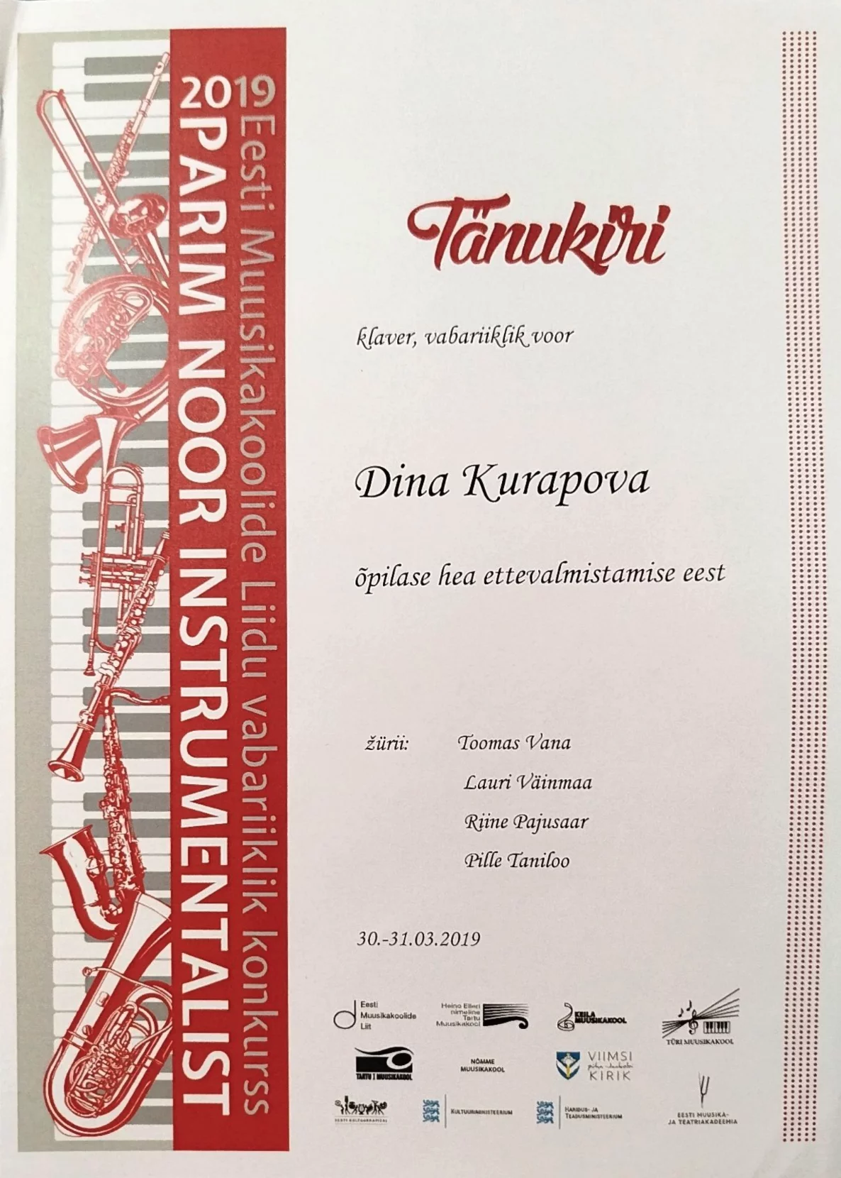 Parim noor instrumentalist tänukiri