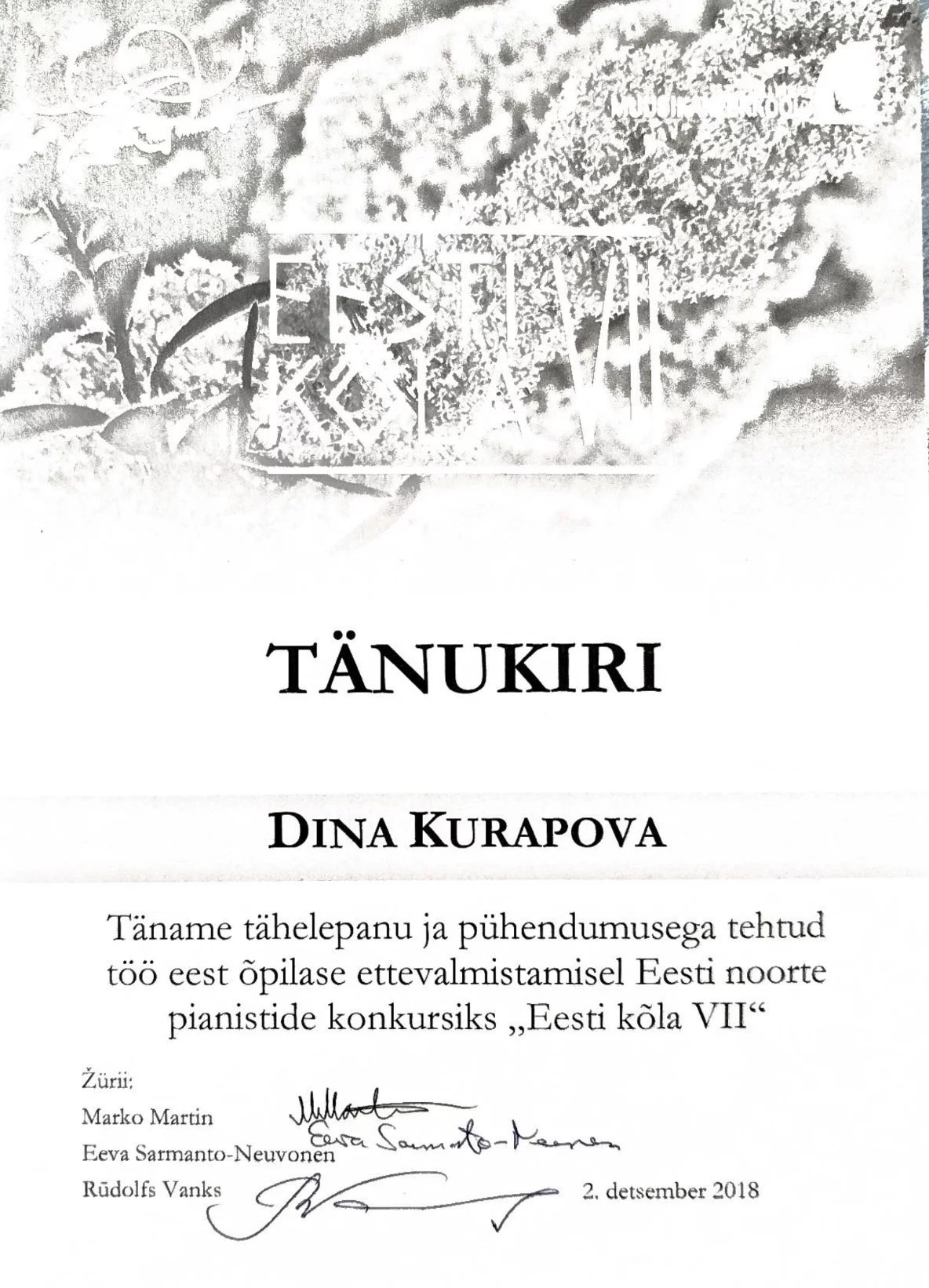 Eesti Kõla VII tänukiri