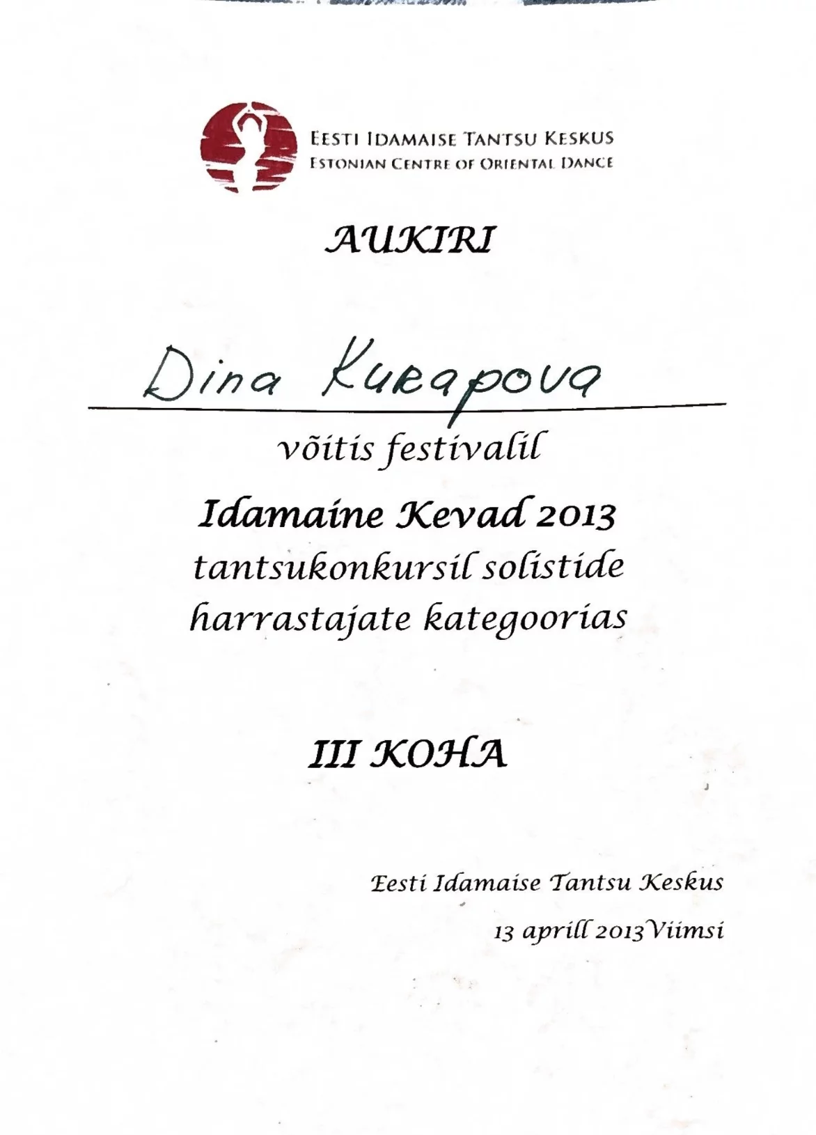 Festival Idamaine Kevad 2013 tänukiri