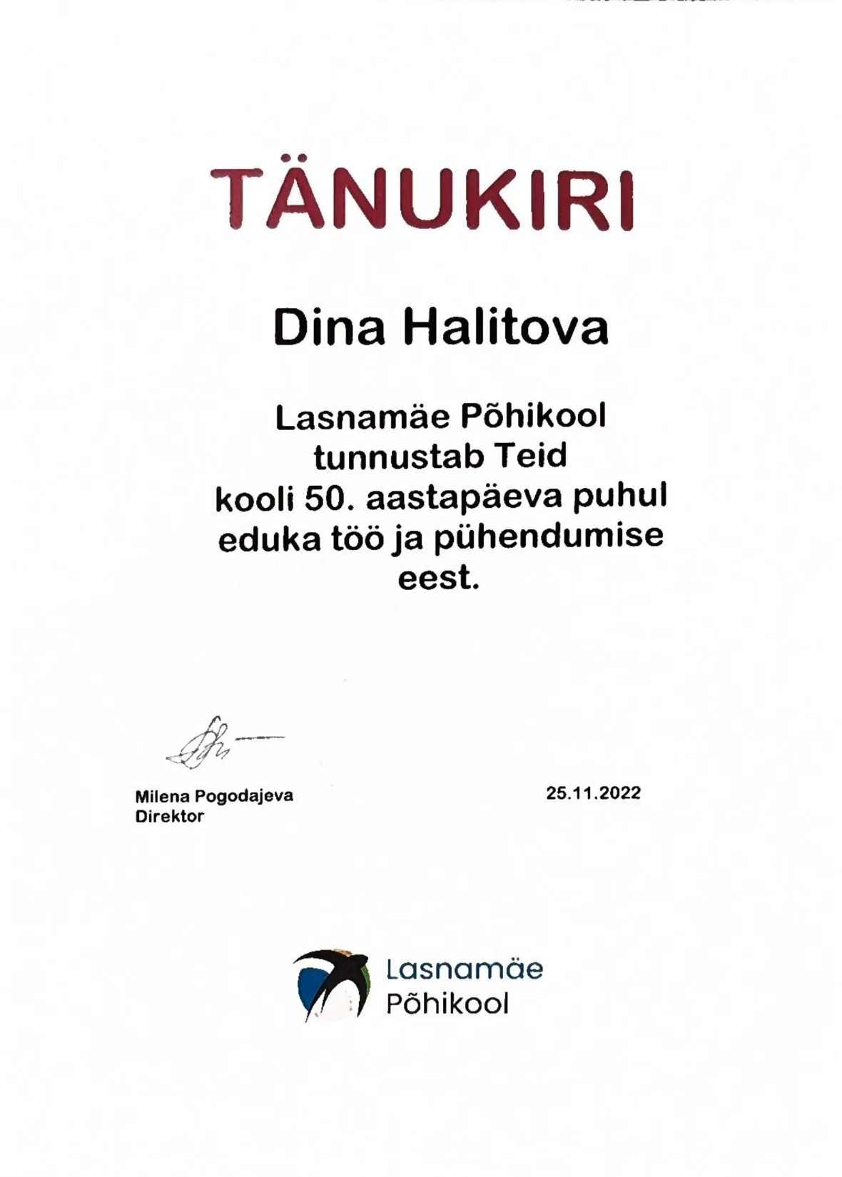 Lasnamäe kooli tänukiri