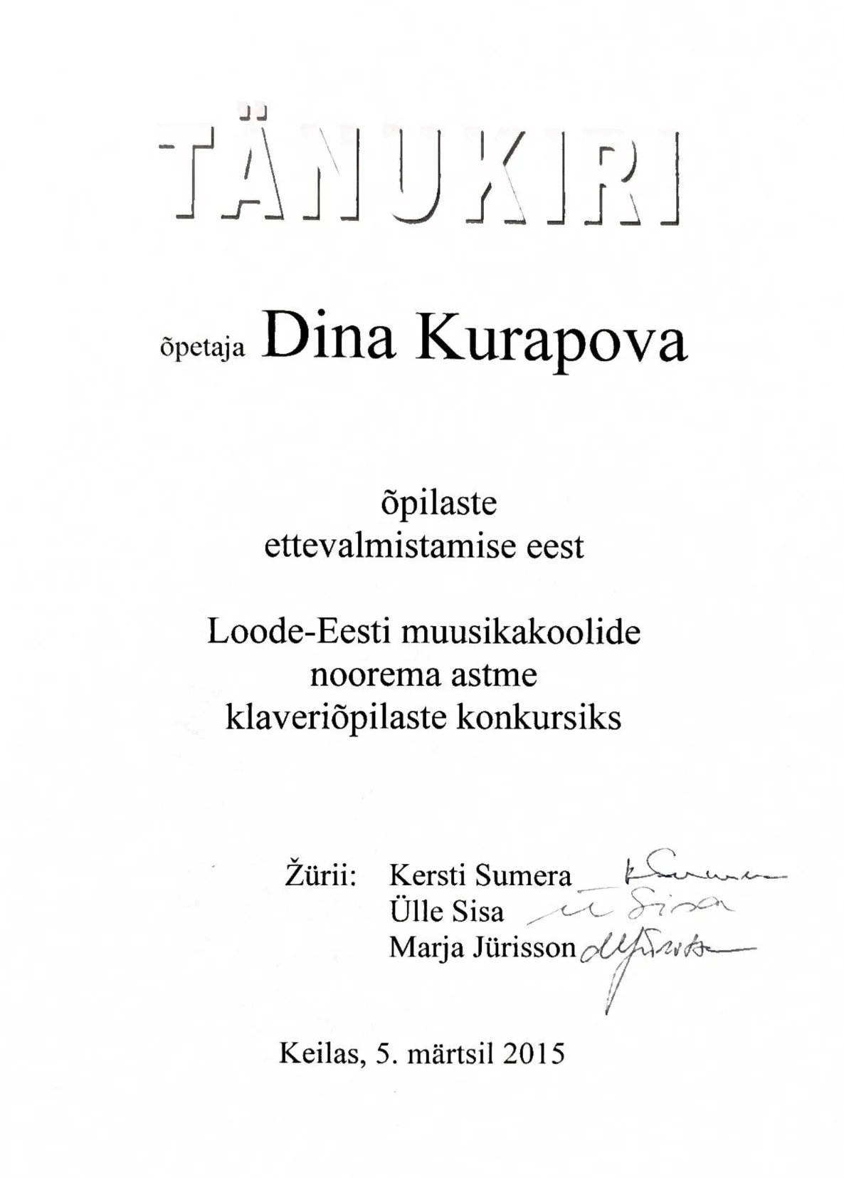 Loode-Eesti muusikakoolide konkursi tänukiri 2015