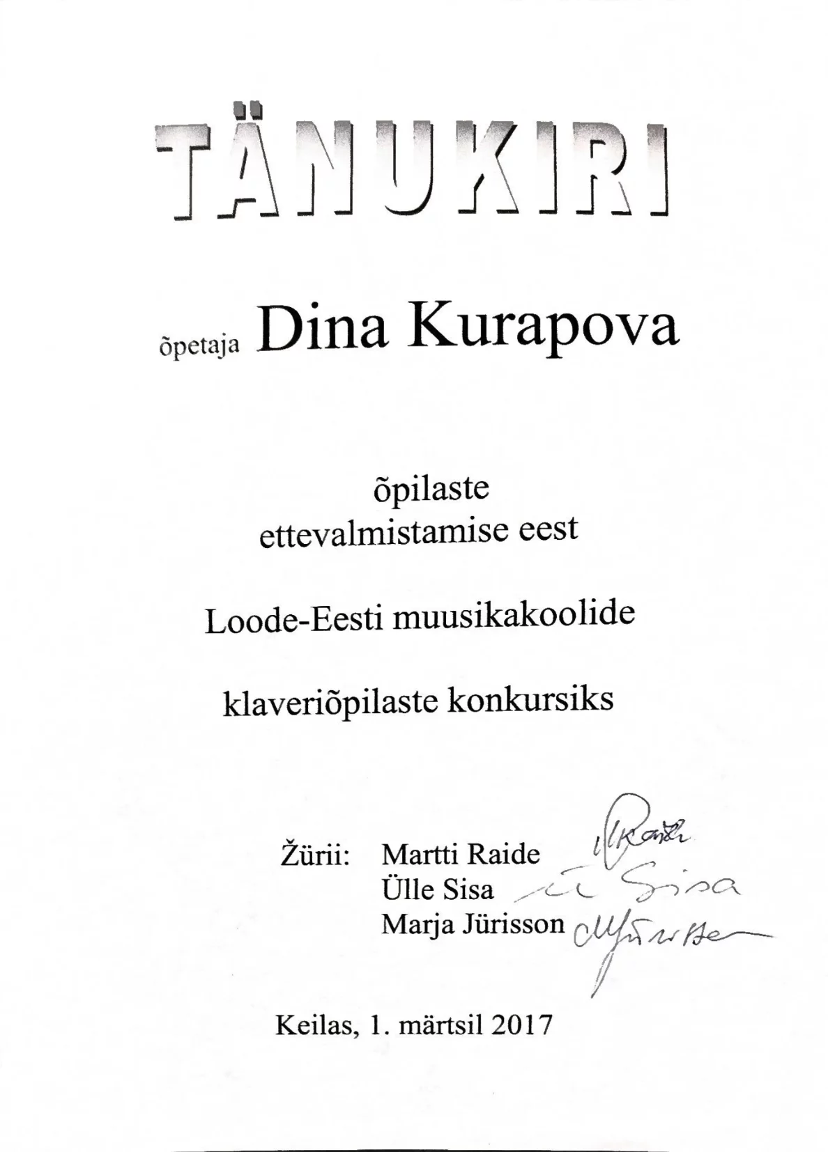 Loode-Eesti muusikakoolide konkursi tänukiri 2017