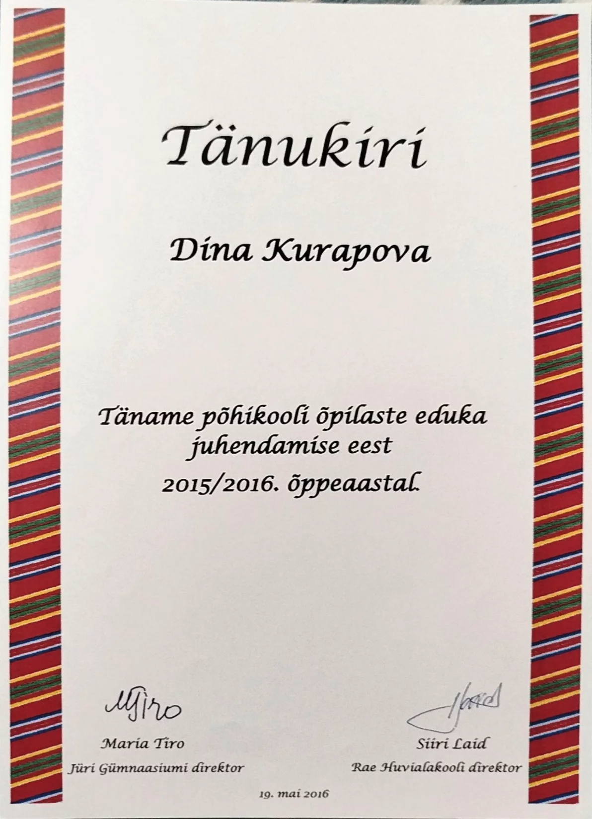 Tänukiri õpilaste juhendamise eest 2016