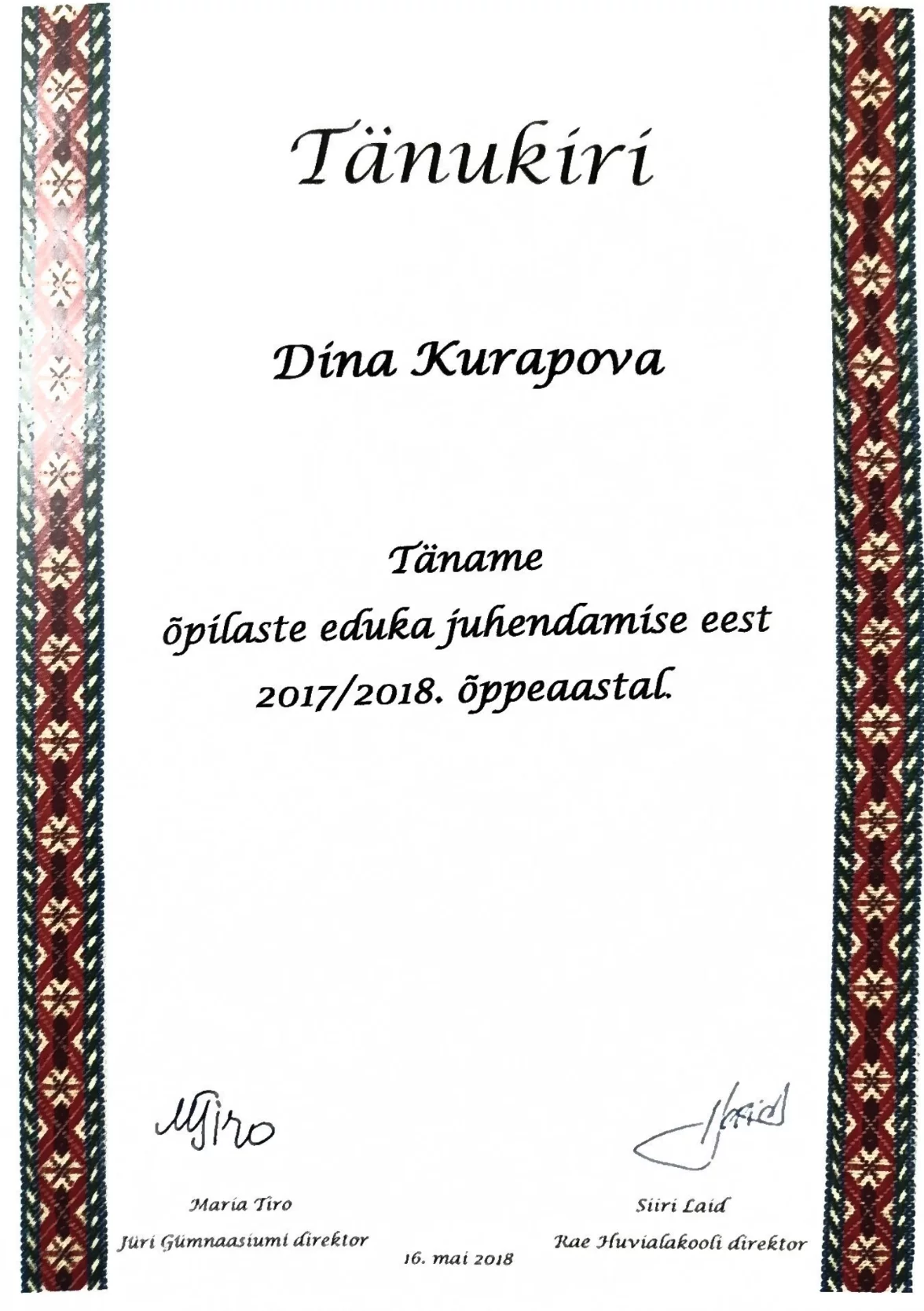 Tänukiri õpilaste juhendamise eest 2017/2018
