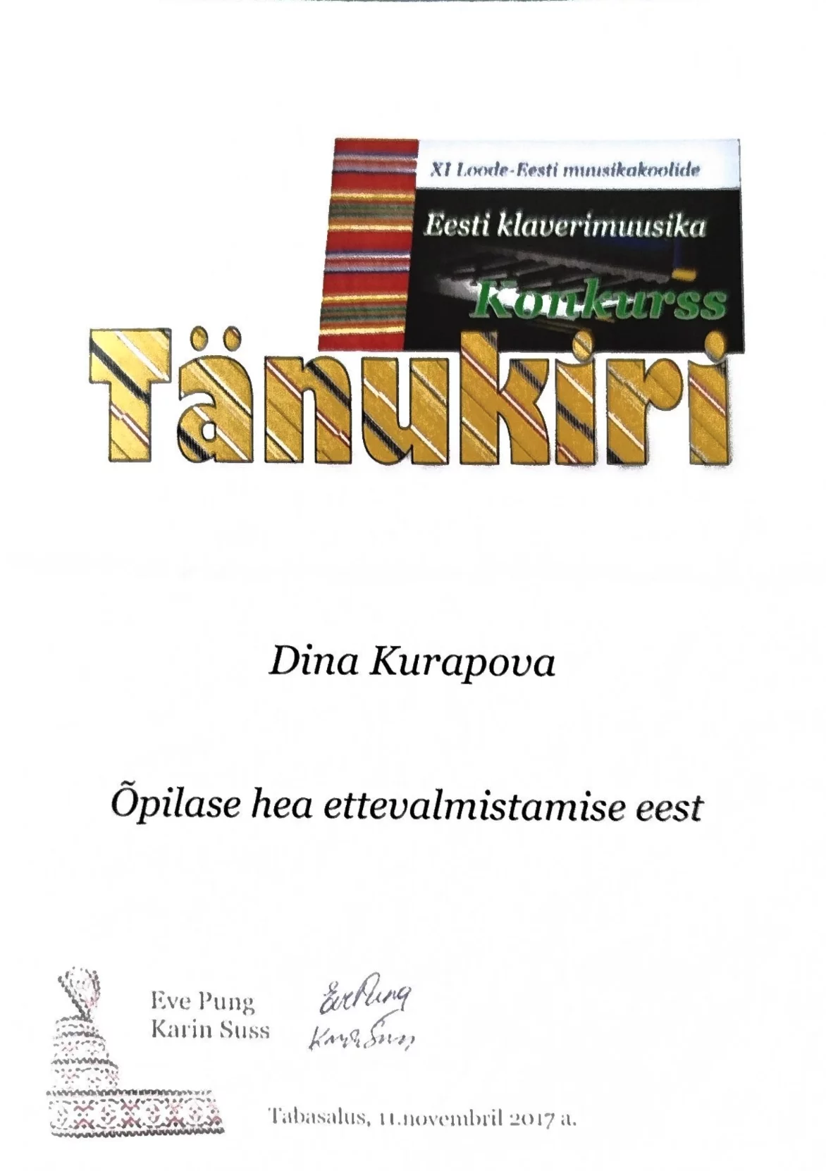 Õpilase ettevalmistamise tänukiri 2017