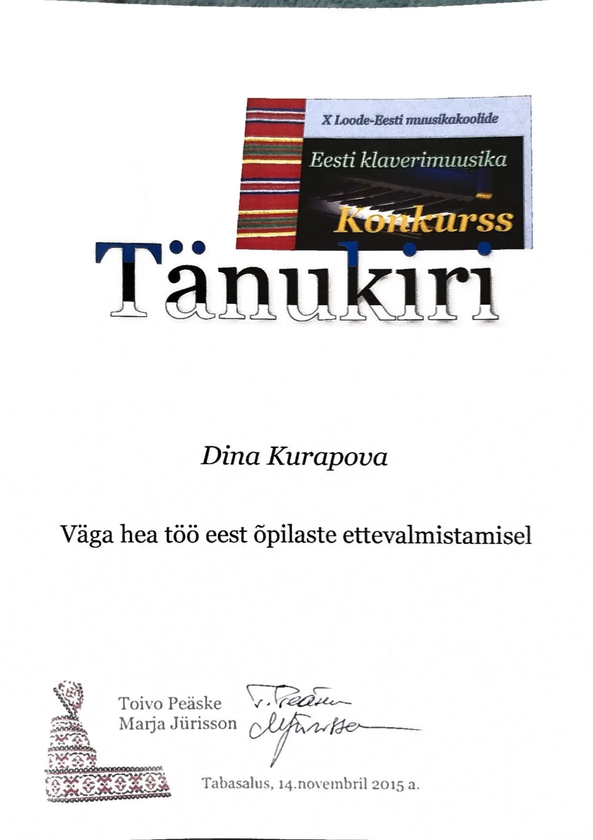 Õpilase ettevalmistamise tänukiri 2015